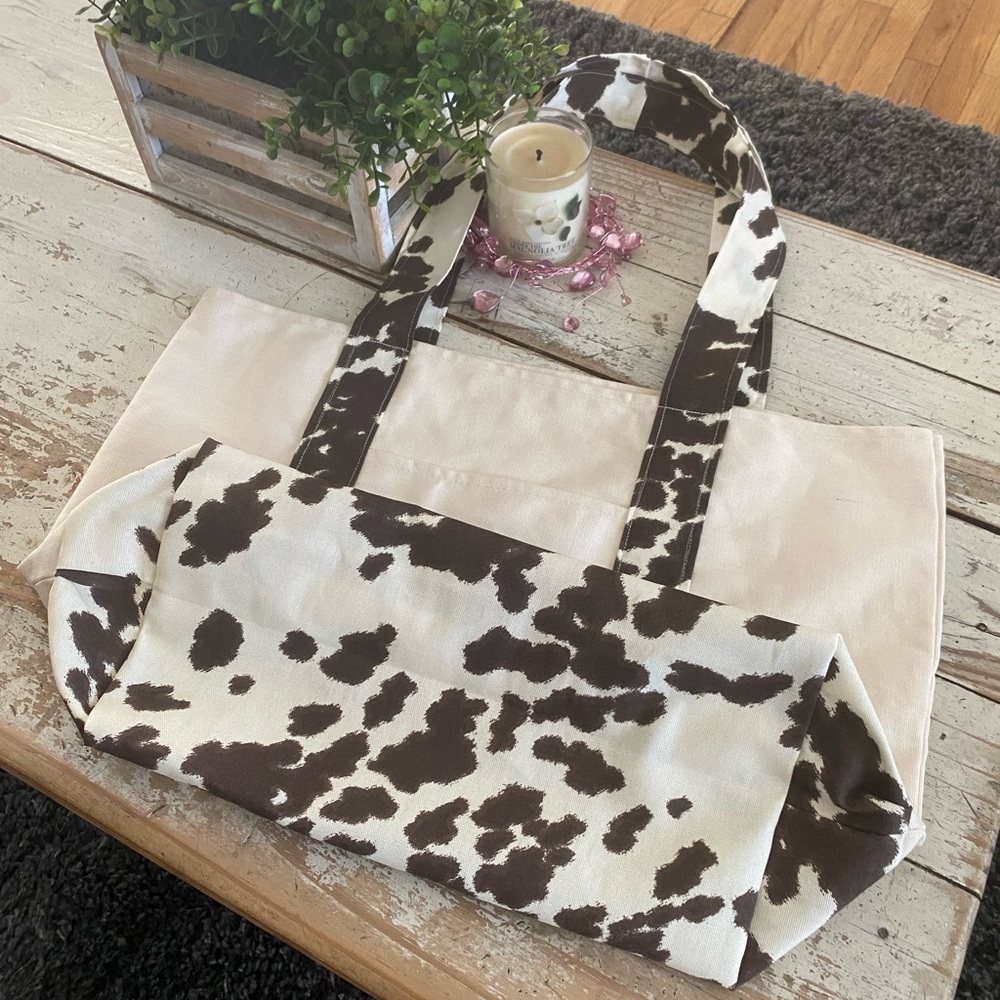 Trader Joe's Custom Cow Print Tote Bag - Cream and Brown - Picture 2 of 6